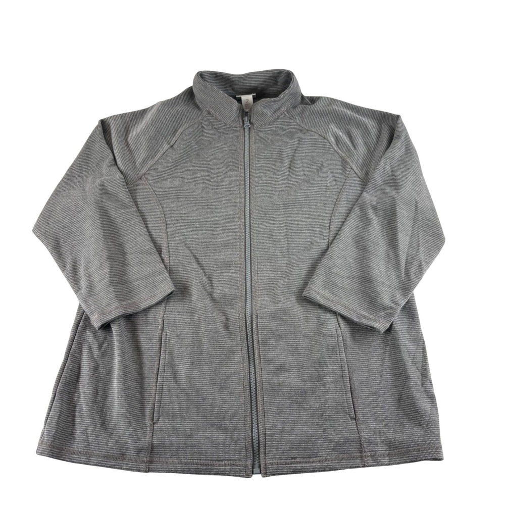 Weekends by Chico's Gray Striped‎ Full Zip Mock Neck Jacket Women Size 2 Large